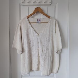 Vintage Cream Button-Up Cardigan With Floral Embroidery Pearl Buttons 3X